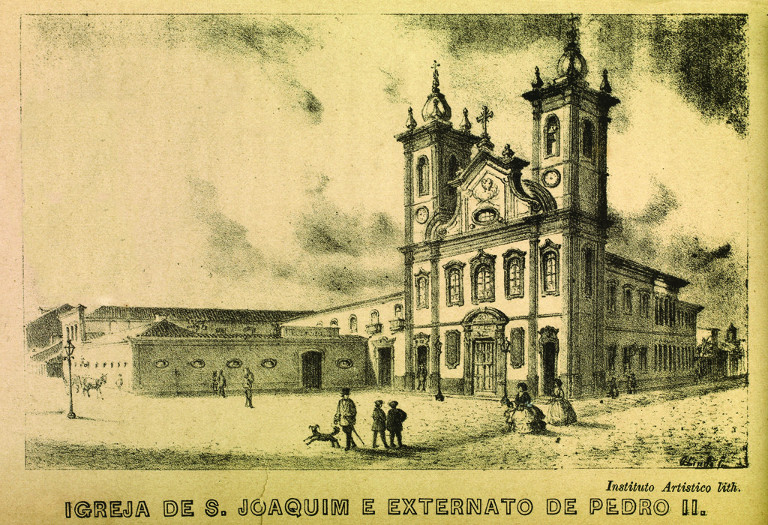 Imagem da Igreja de São Joaquim e da antiga sede do Externato de Pedro II, do livro Um passeio pela cidade do Rio de Janeiro, de Joaquim Manoel de Macedo, publicado na década de 1860.