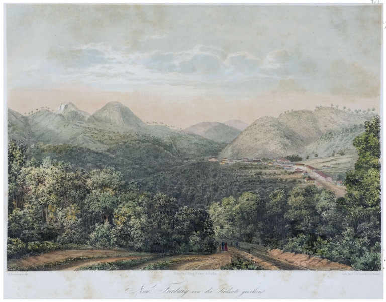 Hermann Burmeister, Neu Freiburg von der Südseite gesehen (Nova Friburgo vista do sul). Berlin : Verlag von Georg Reimer, 1853, via