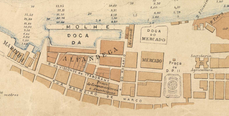 DOCA da alfândega do Rio de Janeiro: planta do litoral entre o arsenal de marinha e o de guerra, a ilha das Cobras e a dos Ratos. Acervo digital da Biblioteca Nacional.