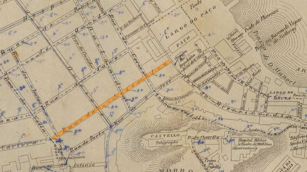 GUIA e plano da cidade do Rio de Janeiro. [S.l.: s.n.], 1858. 1 planta ; 30,2 x 40,7 em f. 35,5 x 47cm. Acervo digital da Biblioteca Nacional.