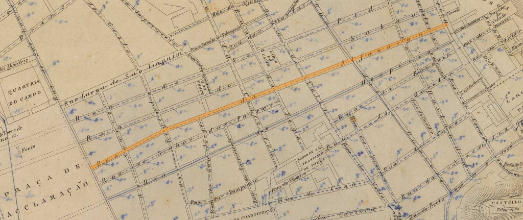 GUIA e plano da cidade do Rio de Janeiro. [S.l.: s.n.], 1858. 1 planta ; 30,2 x 40,7 em f. 35,5 x 47cm. Acervo digital da Biblioteca Nacional.