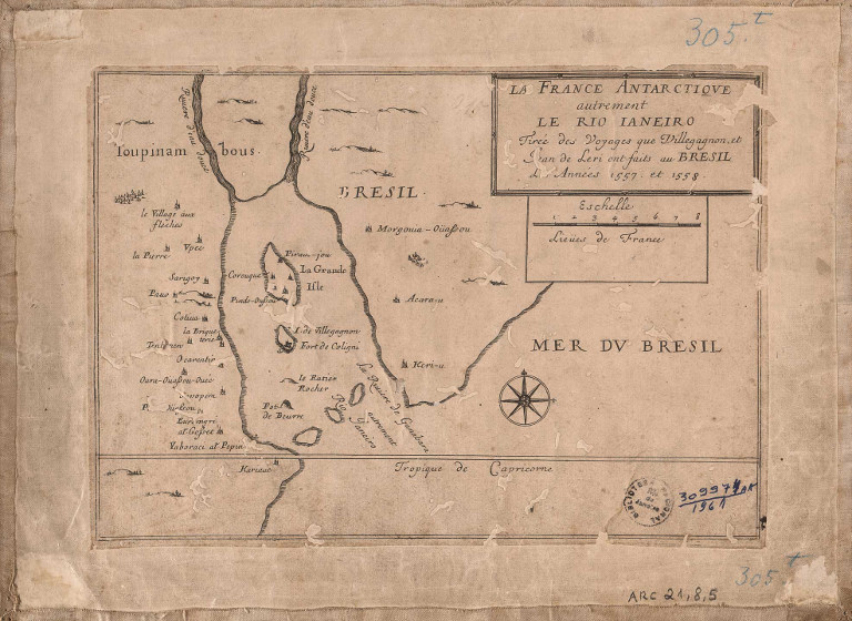 LA France Antartique autrement le Rio Janeiro: tirée des voyages que villegagnon, et Jean de Leri ont faits au Brésil les années 1557 et 1558. França, [17--?]. Acervo digital da Biblioteca Nacional.