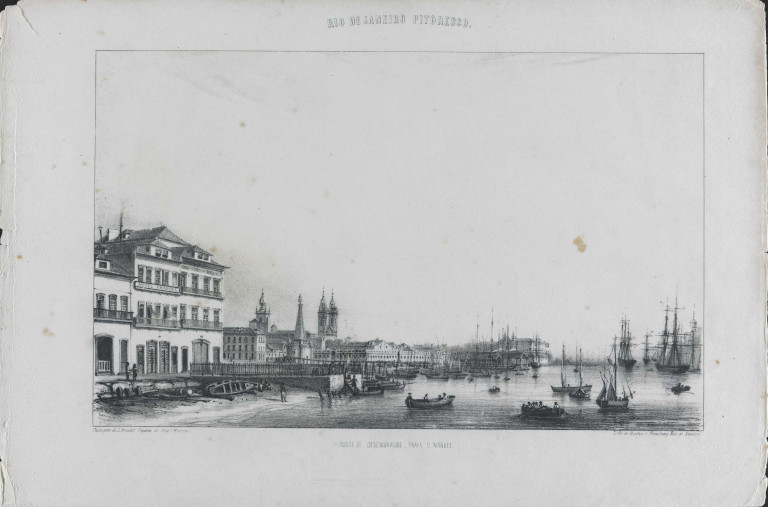 Ponte de desembarque (Hotel Pharoux), Praya D. Manuel por Moreaux, Louis Auguste, 1817-1875. Acervo digital da Biblioteca Nacional.