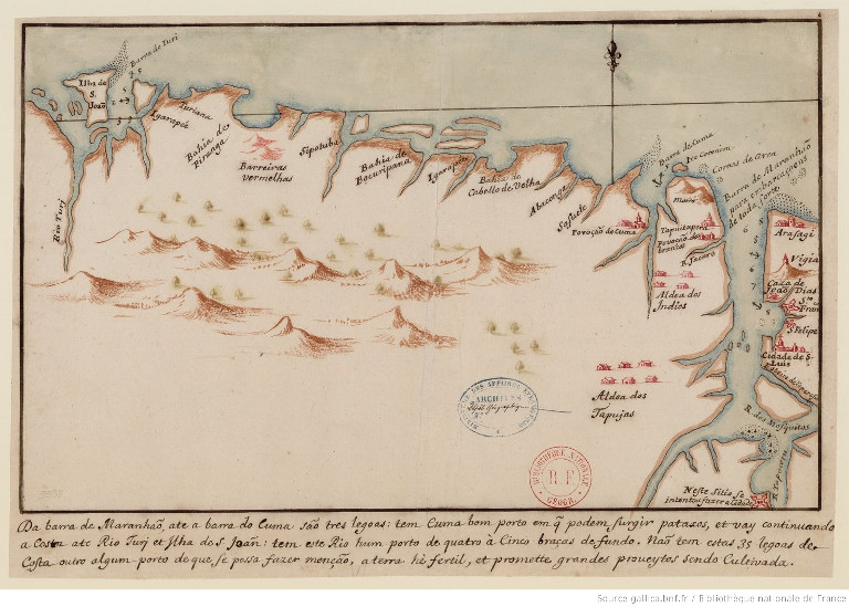 Da barra de Maranhao, ate a barra do Cuma sao tres legoas. Auteur: Albernaz, João Teixeira (16..-16..). Cartographe. Date d'édition: 1640.