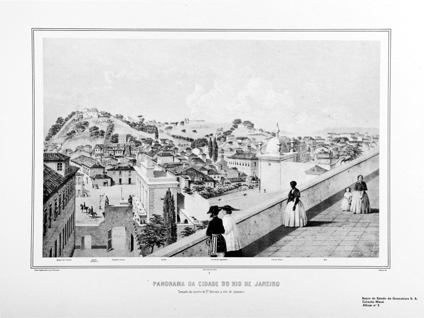 Panorama da cidade de Rio de Janeiro: Tomada do morro de St. Antonio a vôo de passaro, vendo-se a Fonte da Carioca (1854), desenhada por Iluchar Desmons. Coleção Mauá II, Banco do Estado da Guanabara S.A., 1963.