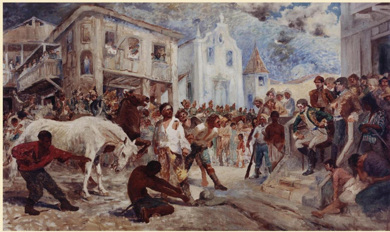 Estudo do pintor Antonio Parreiras (1860-1937) para o quadro Julgamento de Felipe dos Santos, pintado em 1923 sob encomenda do governo de Minas Gerais. O quadro foi destruído em 1959 no incêndio na Assembleia Legislativa em Belo Horizonte. Governo do Estado do Rio de Janeiro/Secretaria de Estado de Cultura/Fundação Anita Mantuano de Artes do Estado do Rio de Janeiro – Funarj/Museu Antonio Parreiras, Niterói (RJ), 