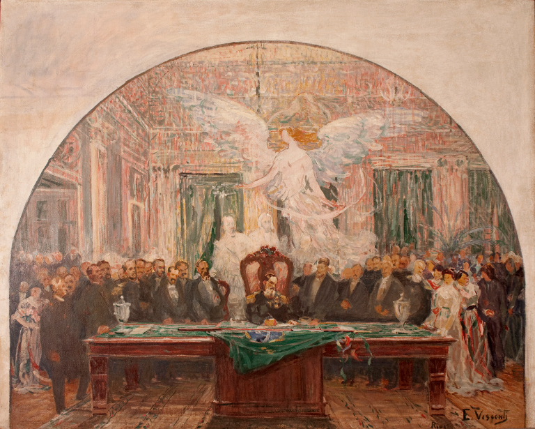 Posse de Deodoro da Fonseca – Estudo não utilizado para o painel da Assembléia Legislativa do Estado do Rio de Janeiro – Palácio Tiradentes – óleo sobre tela – 81 x 100 cm – 1925 – Museu do Ingá – Niterói/RJ, 