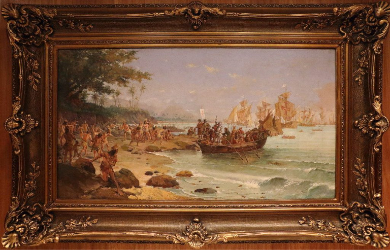 Desembarque de Cabral em Porto Seguro. Óleo sobre tela. Século XIX. Oscar Pereira da Silva. Acervo: Museu Histórico Nacional/IBRAM/Ministério da Cultura.