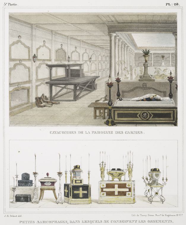 Catacumbas da Igreja do Carmo e Pequenos sarcófagos nos quais os ossos são preservados, por Jean Baptiste Debret, 