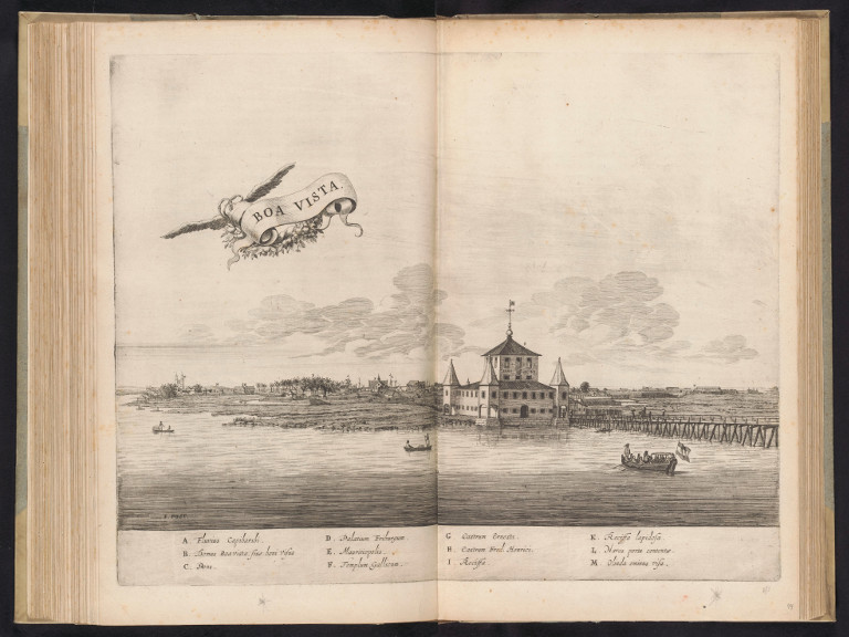 Palácio da Boa Vista ou Schoonzit, em holandês, construído no Recife em 1643, no local onde hoje se encontra o Convento do Carmo do Recife. Prancha (nº. 41) em uma série de 55 desenhos da viagem e permanência no Brasil pelo conde Johan Maurits van Nassau nos anos 1636-1644. Jan van Brosterhuyzen, pós Frans Jansz Post, 