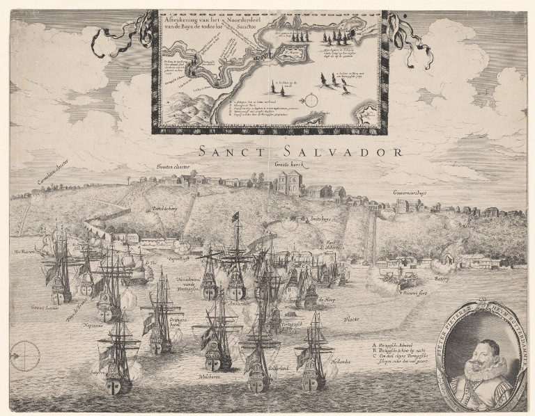 Vitórias da frota holandesa sob Piet Hein sobre a frota portuguesa na Baía de Todos os Santos em São Salvador no Brasil, 3 de março e 11 de junho de 1627. Vista da batalha entre os navios na baía. No topo um detalhe com uma carta da área maior, na parte inferior direita, um retrato de Piet Hein, 