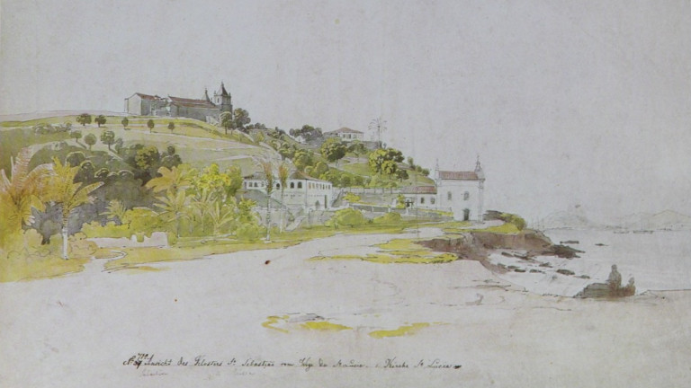 Igreja de São Sebastião no Morro do Castelo e Igreja de Santa Luzia na Praia de Santa Luzia – 1817 – Thomas Ender – Akademie der Bildenden Künste Wien.