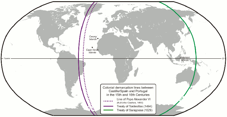 Linhas de demarcação colonial entre Castela/Espanha e Portugal nos séculos XV e XVI. (Tratado de Tordesilhas e Tratado de Zaragoza)